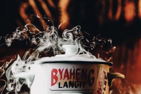 A steaming pot with the words "BYAHENG LANGIT" on it. Steam rises dramatically against a dark background, creating an atmospheric effect.