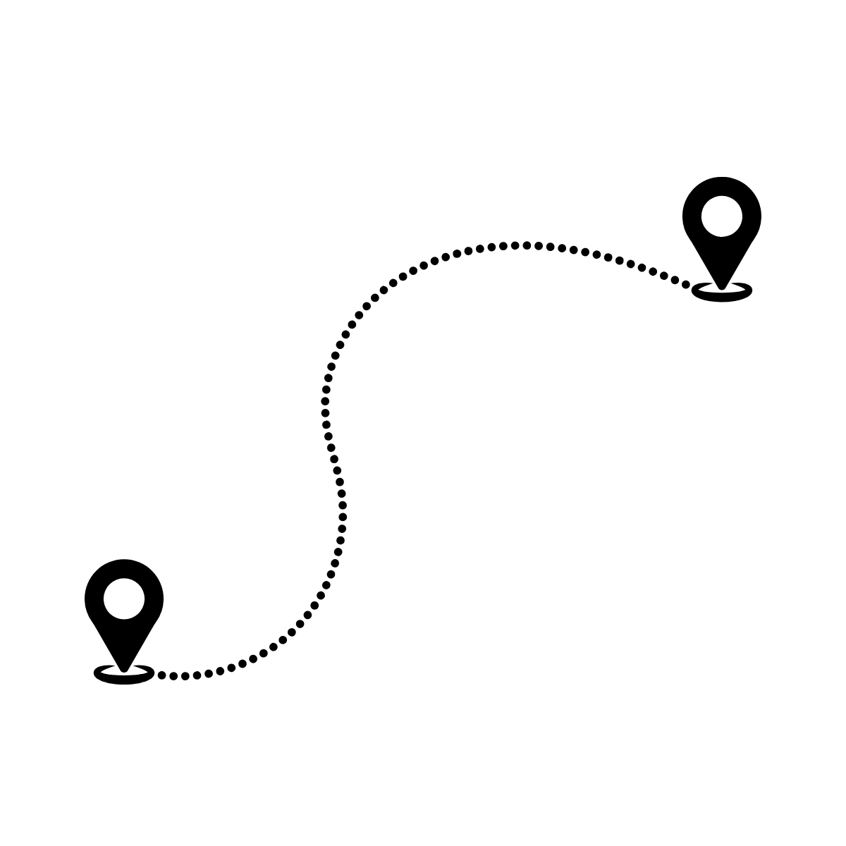 A black icon of two location pins connected by a curved, dotted line on a white background, representing a route or journey between two points.